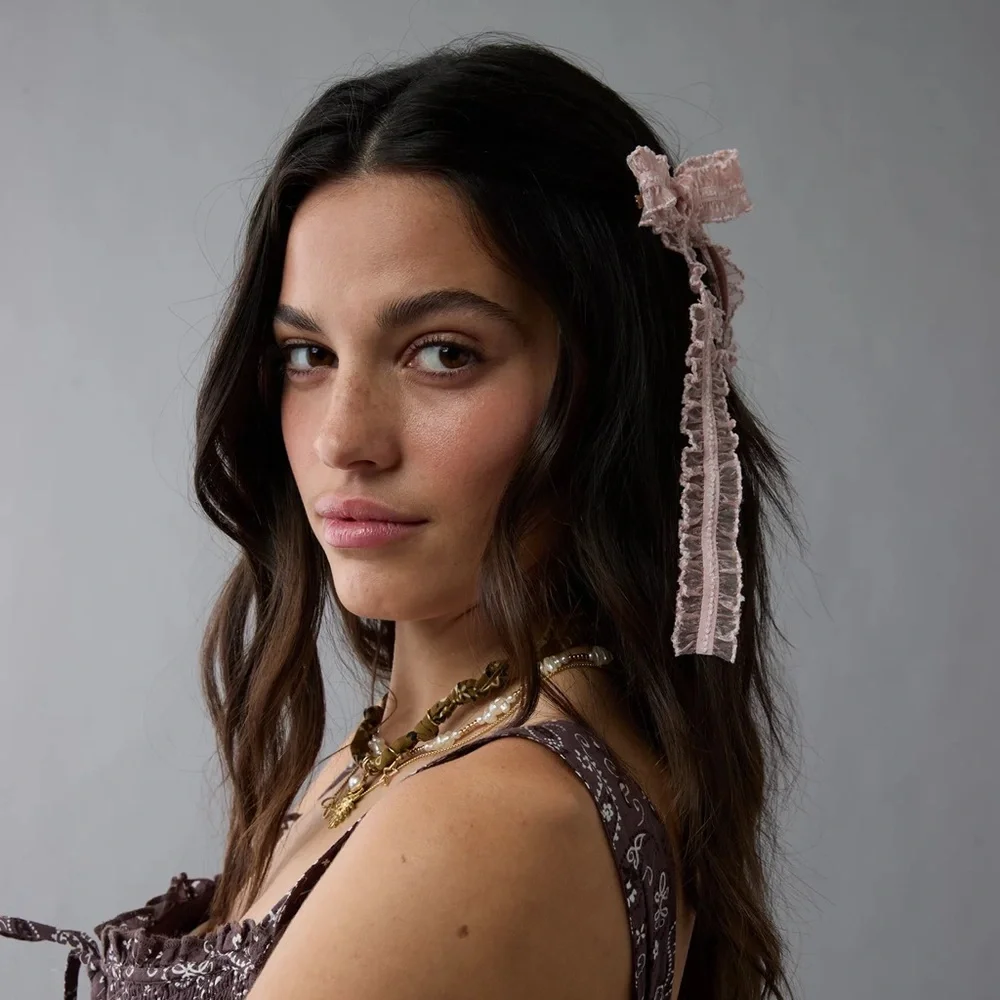 🆕 Pink Lace Ruffle Bow Hair Clip